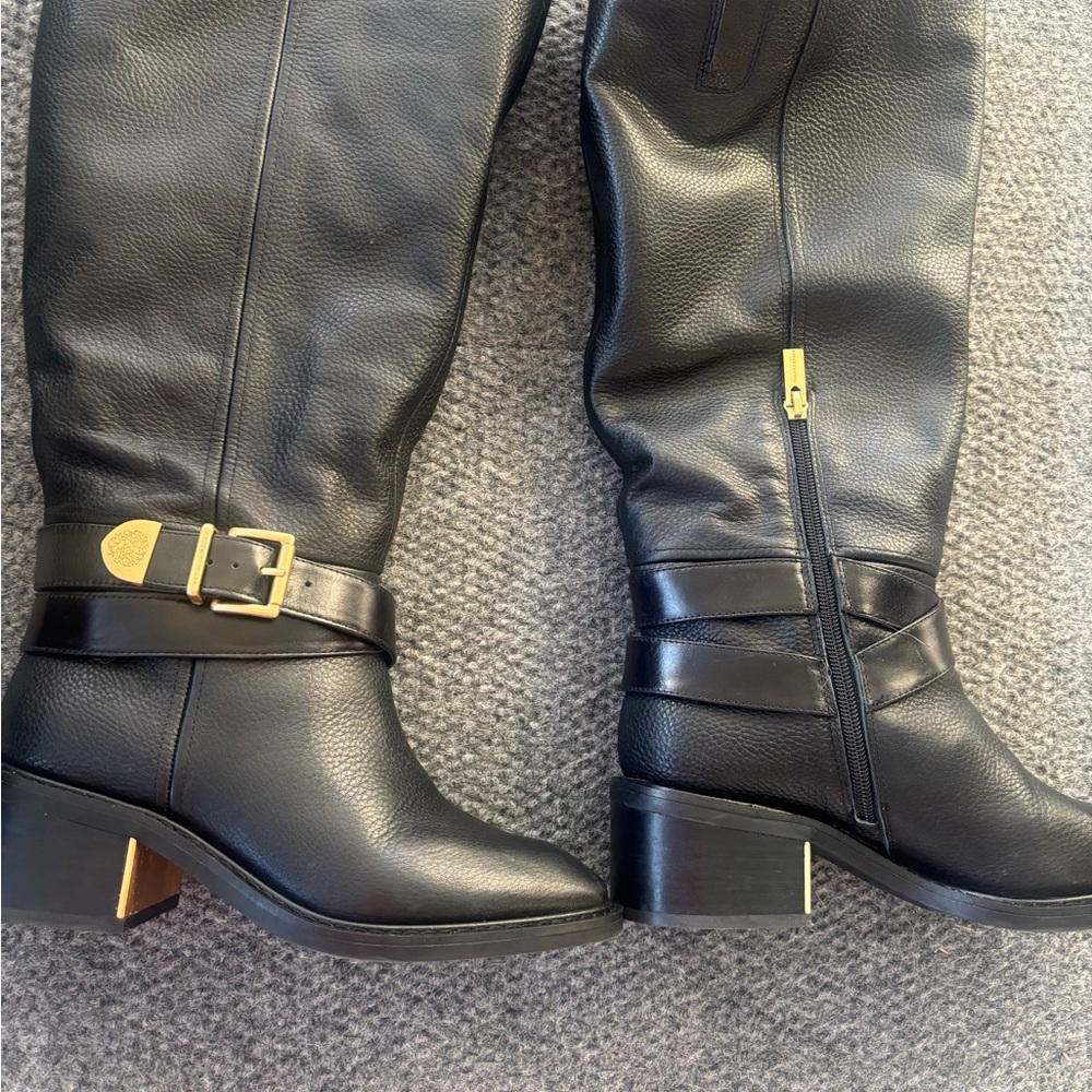 Vince Camuto Black Heeled Boots with Gold Buckle - Picture 4 of 5